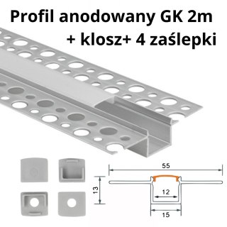 Profil GK 2m srebrny Anodowany podtynkowy klosz mleczny i zaślepki SMD20636EC