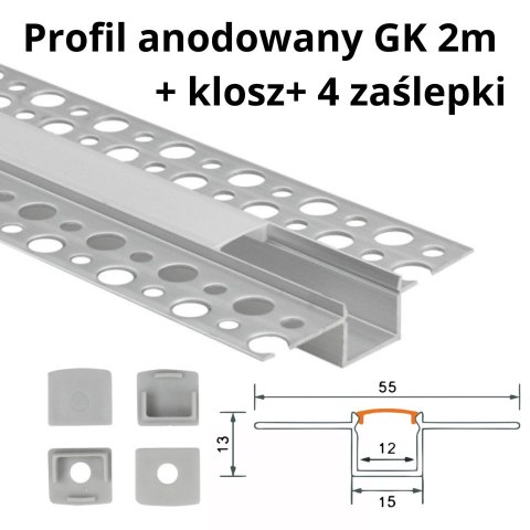 Profil GK 2m srebrny Anodowany podtynkowy klosz mleczny i zaślepki SMD20636EC