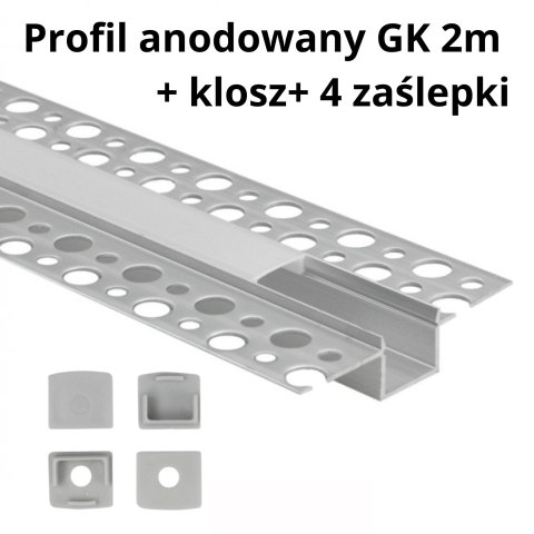 Profil GK 2m srebrny Anodowany podtynkowy klosz mleczny i zaślepki SMD20636EC