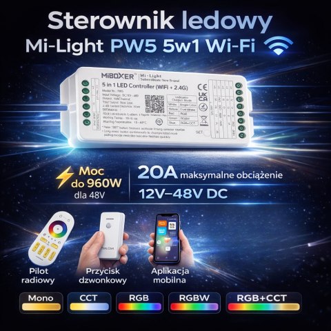 Sterownik PW5 (WI-FI +RF 2.4G) 20A 5in1