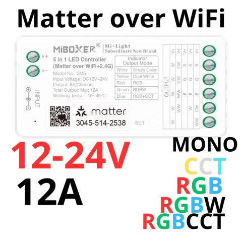 Uniwersalny sterownik do taśm smart home 5w1 Matter over WiFi SM5