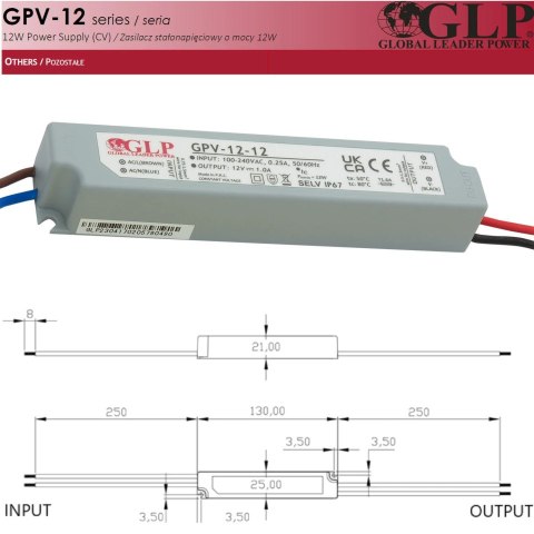 Zasilacz LED 12W napięciowy 12V 1A IP67 hermetyczny - GLP