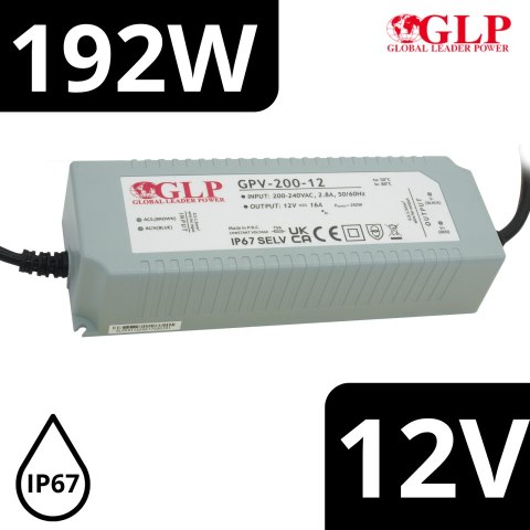Zasilacz LED napięciowy 12V 200W 16A IP65 hermetyczny - GLP